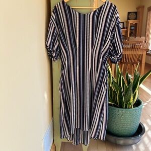 The Korner Lightweight Gauze Open Back Dress Blue/Black/White/Red Stripe Medium